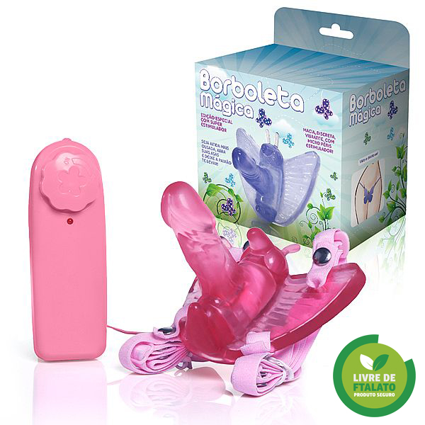 Estimulador Feminino Formato Borboleta com Mini Pênis, Vibração Multivelocidade – Cor Rosa - Embalagem